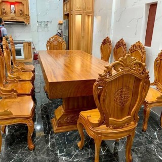 Bộ bàn ăn gỗ nguyên tấm và 10 ghế gỗ đẹp dựa lưng